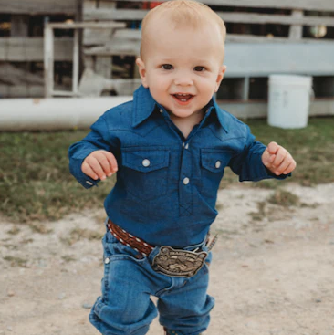 BOY06 SHEA BABY BOYS LONG SLEEVE DARK DENIM PEARL SNAP ONESIE SHIRT