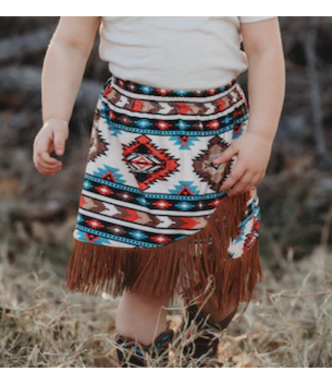 FS02 SHEA BABY GIRLS CREAM AZTEC FRINGE SKIRT