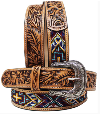 CHALLENGER 26FK29 CHALLENGER TWO-TONE FLORAL TOOLED BURGUNDY BEADED BELT