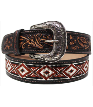 CHALLENGER 26FK32 CHALLENGER MEN'S ANTIQUE TOOLED BURGUNDY/WHITE BEADED BELT