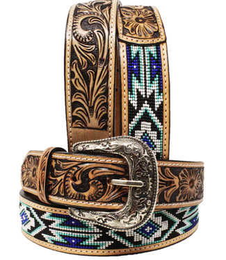 CHALLENGER 26FK61 CHALLENGER UNISEX FLORAL TOOLED TURQUOISE BEADED BELT