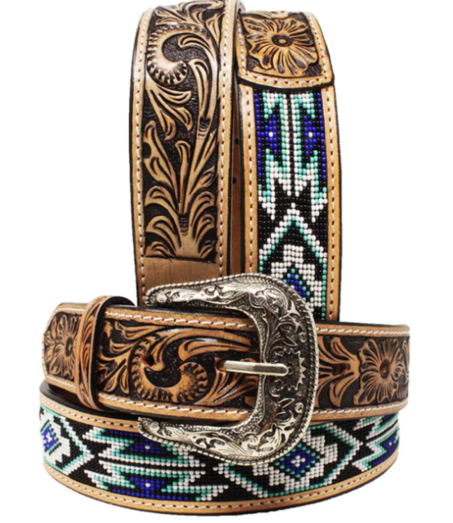 26FK61 CHALLENGER UNISEX FLORAL TOOLED TURQUOISE BEADED BELT