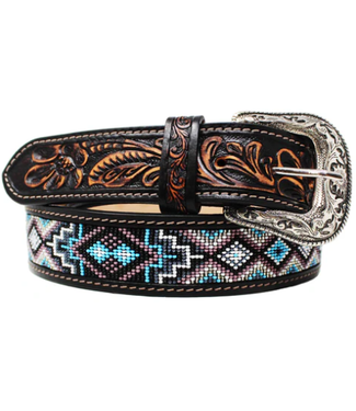 CHALLENGER 26FK34 CHALLENGER MEN'S TAN FLORAL TOOLED PURPLE BEADED BELT