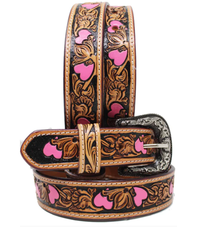 26FK37PKC CHALLENGER GIRLS TWO-TONE FLORAL HEARTS TOOLED BELT