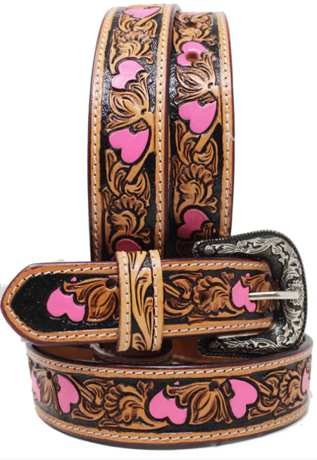 26FK37PKC CHALLENGER GIRLS TWO-TONE FLORAL HEARTS TOOLED BELT - A