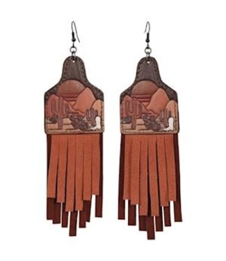 Justin LEATHER EARRINGS COW TAG W/SUEDE FRINGE
