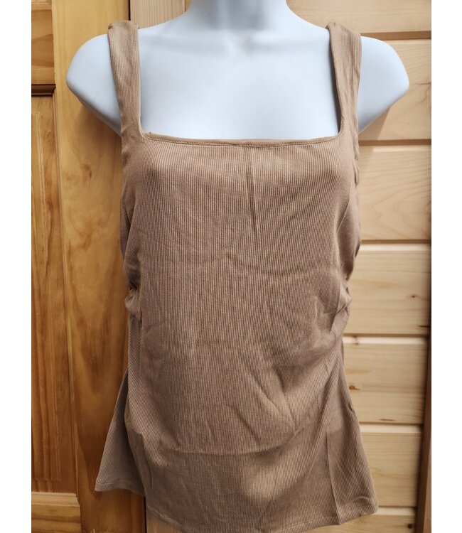 WL22-7059 WISHLIST RIBBED KNIT MOCHA TANK TOP WITH SIDE RUCHED DETAIL