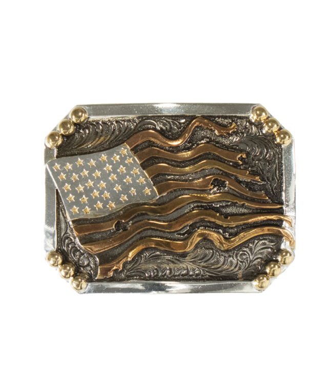 C10011 CRUMRINE SILVER WITH COPPER STRIPE DISTRESSED AMERICAN FLAG BUCKLE