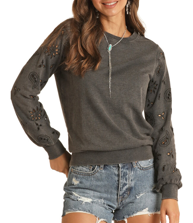 RRWT91ROY8 ROCK & ROLL WOMEN'S EYELET EMBROIDERY CHARCOAL PULLOVER