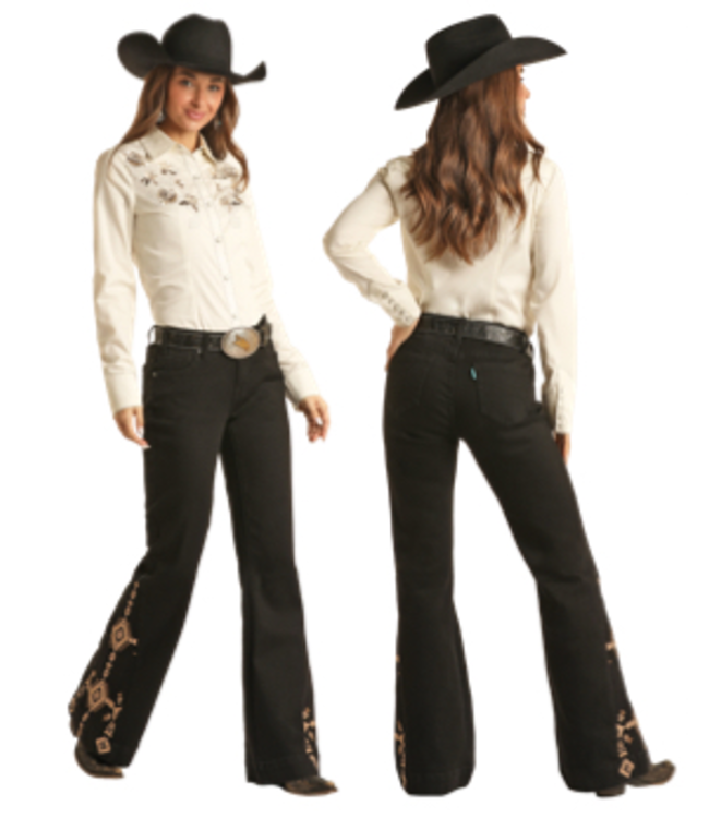 HW5MD02607 ROCK & ROLL WOMEN'S HOOEY BLACK MIDRISE TROUSER W/EMBROIDERY