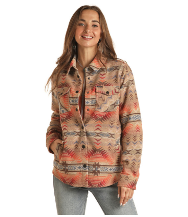 BW92C01932 ROCK & ROLL WOMEN'S DUSTY TAN & BLUE AZTEC LONG SHACKET