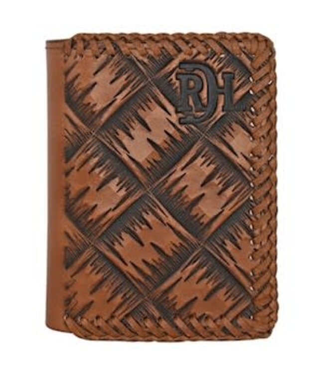 23225897W7 RED DIRT TRIFOLD WALLET XL BASKEWEAVE TOOLING W/LACED LEATHER EDGE