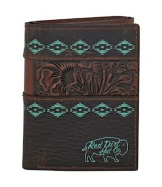 RED DIRT HAT CO 23225897W3 RED DIRT TRIFOLD WALLET TOOLED ACCENT W/TURQUOISE DESIGN