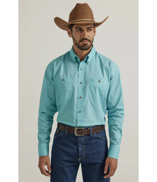 112338103 WRANGLER GEORGE STRAIGHT TURQUOISE PRINT BUTTON DOWN SHIRT