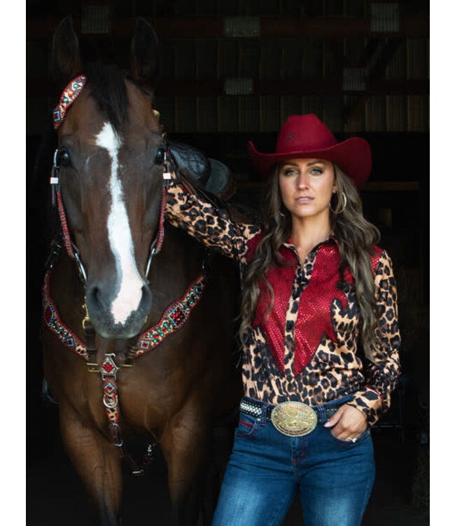 C02-100679 COWGIRL TUFF PULLOVER BUTTON UP LEOPARD & RED SATIN
