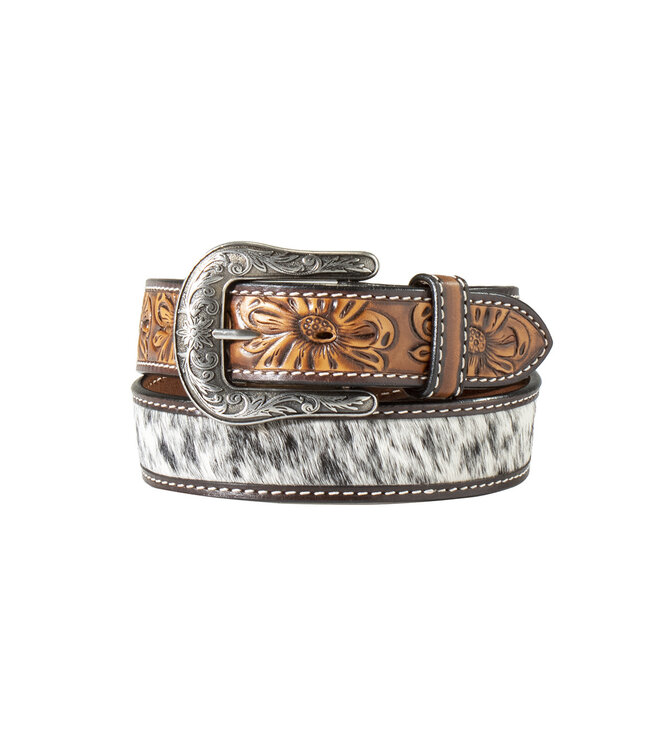 LEATHER TOOLED CALF HAIR BROWN BELT