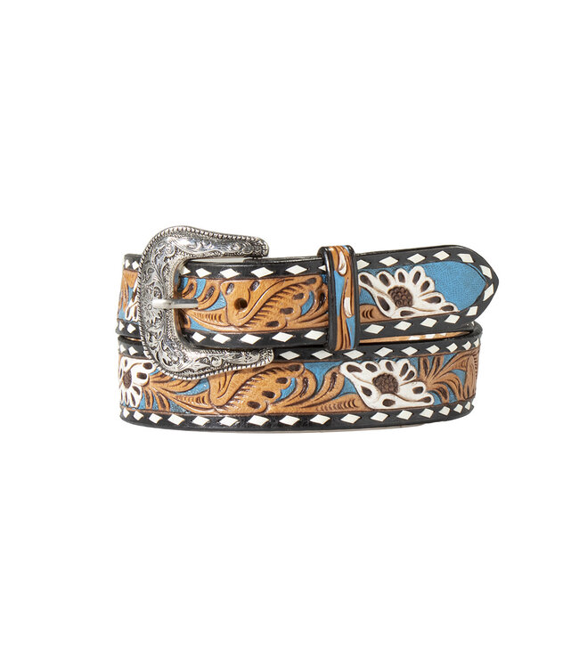 HAND TOOLED PAINTED FLORAL INLAY BLUE/BLACK BELT