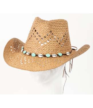 FAME ACCESSORIES COWRIE SHELL BEAD ROPE STRAP STRAW HAT