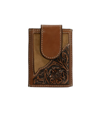 3D LEATHER ROUGHOUT FLORAL EMBOSSED BROWN MONEY CLIP