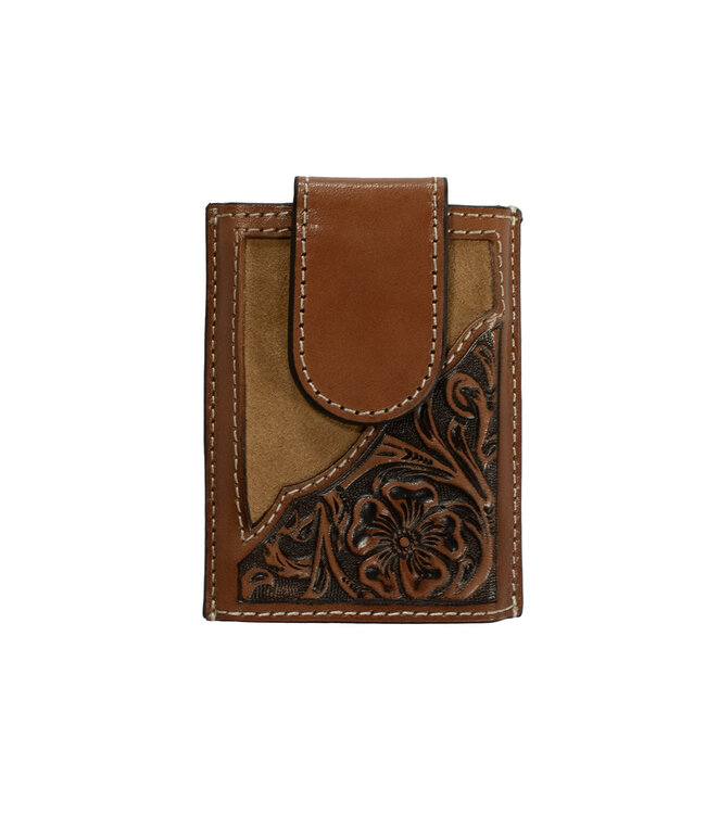LEATHER ROUGHOUT FLORAL EMBOSSED BROWN MONEY CLIP