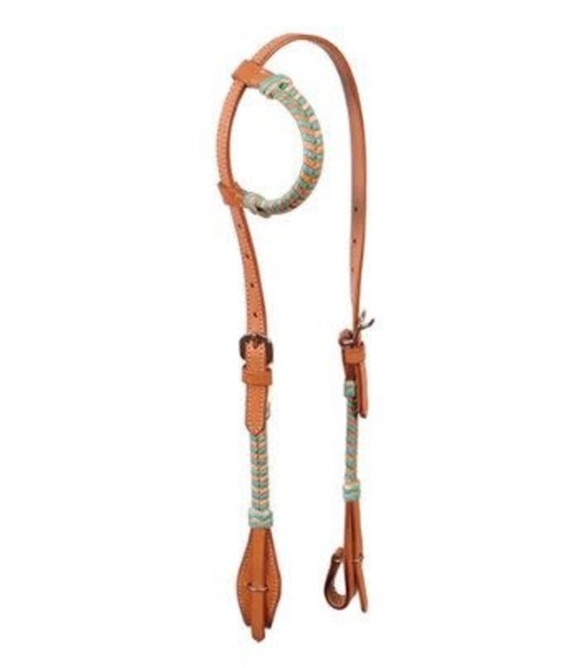 ONE EAR LEATHER HEADSTALL NATURAL/TURQUOISE LACED RAWHIDE