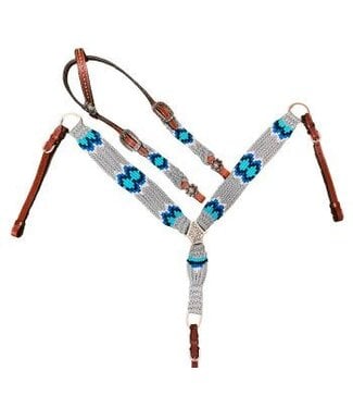 Showman PONY SIZE CORDED ONE EAR HEADSTALL AND BREAST COLLAR SET- GRAY/BLUE