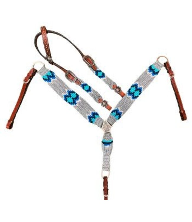 PONY SIZE CORDED ONE EAR HEADSTALL AND BREAST COLLAR SET- GRAY/BLUE