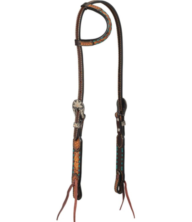 TURQUOISE CROSS ONE EAR HEADSTALL, FLORAL BUCKSTITCH, 5/8"