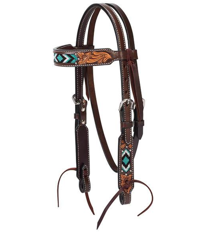 PONY BROW BAND HEADSTALL TURQUOISE BEADED FLORAL CARVED ACCENTS