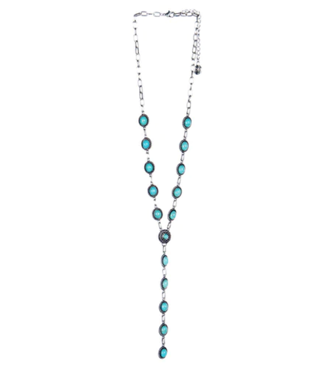 DAINTY STYLE SILVER OVAL TURQUOISE CONCHO LARIAT NECKLACE