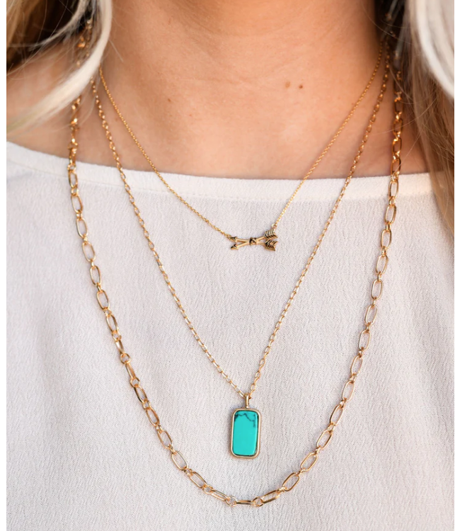 LAYERED GOLD CHAIN NECKLACE WITH ARROWS & TURQUOISE BAR ACCENTS