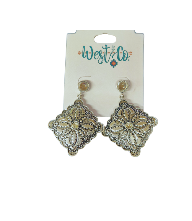 BURNISHED SILVER DIAMOND CONCHO EARRINGS