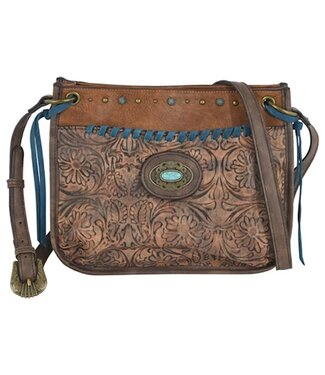 Justin CROSSBODY BROWN W/TOOLING PATTERN ACCENTS