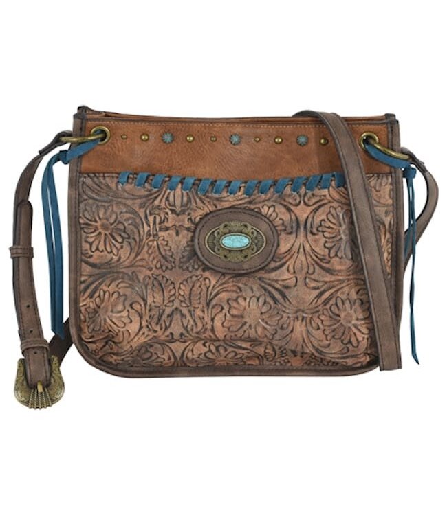 CROSSBODY BROWN W/TOOLING PATTERN ACCENTS