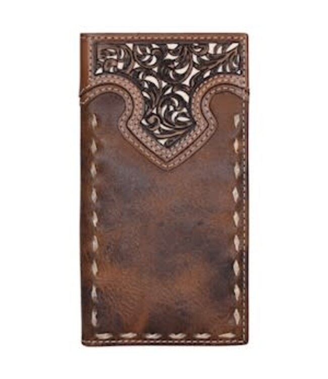 MENS RODEO WALLET W/ TOOLED YOKE AND RAWHIDE BUCK STITCH