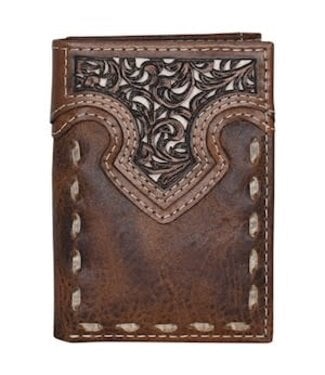 Justin MENS TRIFOLD WALLET W/ TOOLED YOKE AND BUCK STITCH