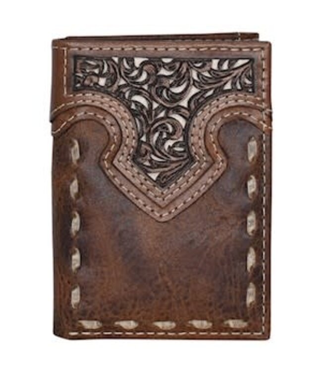 MENS TRIFOLD WALLET W/ TOOLED YOKE AND BUCK STITCH
