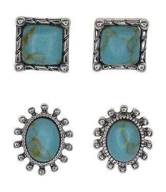 Justin EARRING 2 PAIR FIXED POST SQUARE AND OVAL FRAMED TURQUOISE COLORED STONE
