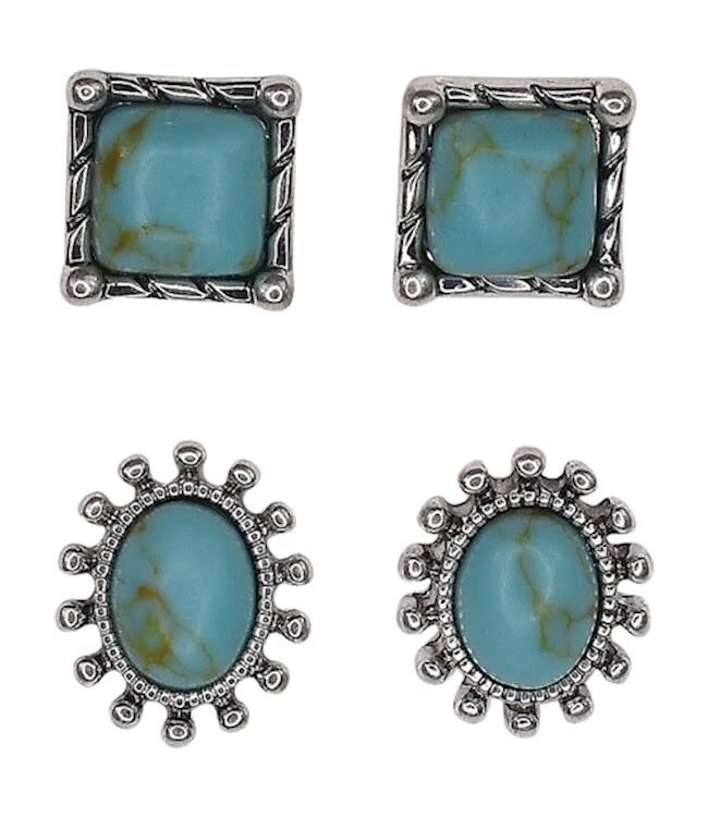 EARRING 2 PAIR FIXED POST SQUARE AND OVAL FRAMED TURQUOISE COLORED STONE