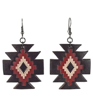 Justin EARRINGS LEATHER AZTEC DESIGN W/BROWN RED & BONE