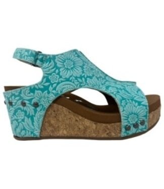 Very G ISABELLA TOOLED TURQUOISE WEDGE SANDALS