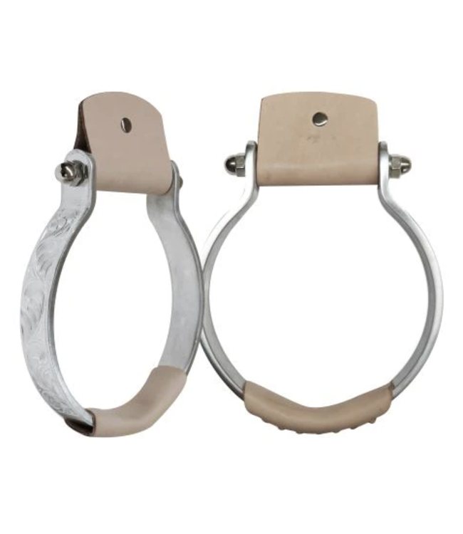ENGRAVED ALUMINUM OXBOW STIRRUP WITH LEATHER COVERED TREAD