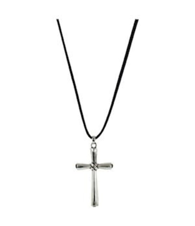 NECKLACE CROSS W/BLACK STONES 22" LEATHER CORD
