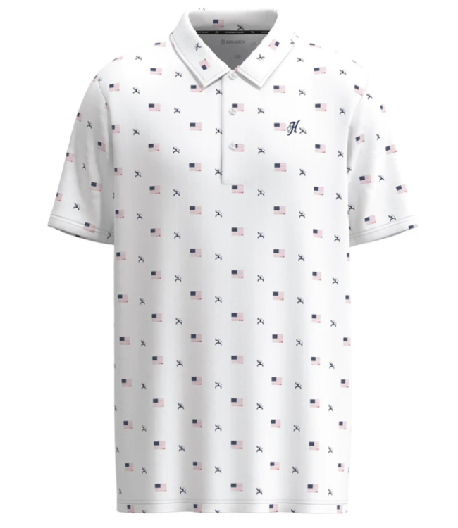 "THE WEEKENDER" WHITE W/FLAG PATTERN POLO