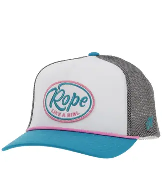 Hooey 2491T-WHGY HOOEY "ROPE LIKE A GIRL" HAT WHITE/GREY W/PINK/TURQUOISE & WHITE PATCH