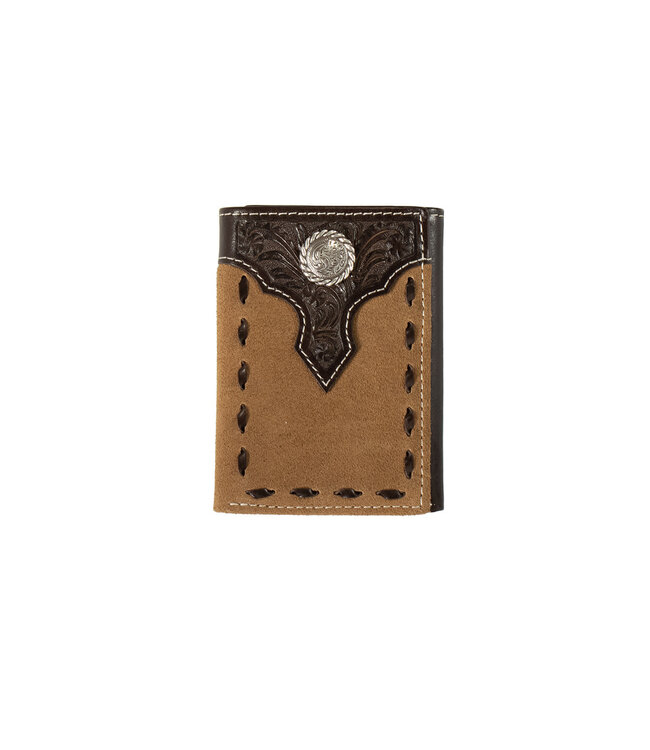 TRIFOLD FLORAL OVERLAY ROUGHOUT WALLET