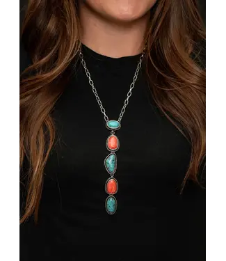 West&Co 20" CHAIN NECKLACE WITH CORAL & TURQUOISE 5 STONE DROP