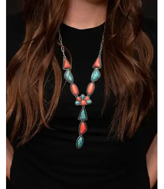 West&Co 28" TURQUOISE & CORAL CONCHO LARIAT NECKLACE