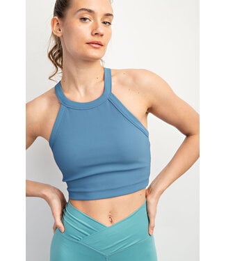 RAE MODE NYLON RIB CROPPED HALTER TANK TOP