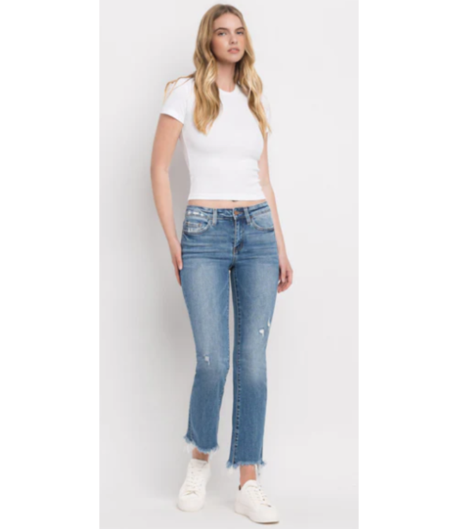 QUINCE MID RISE DISTRESSED HEM ANKLE BOOTCUT JEANS